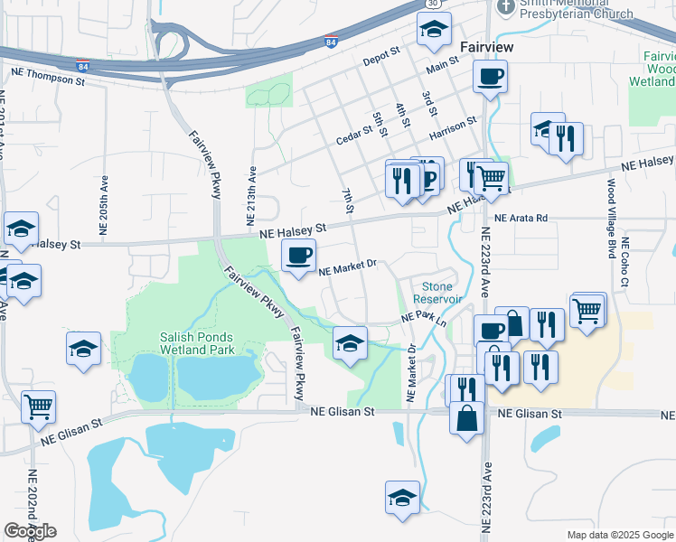 map of restaurants, bars, coffee shops, grocery stores, and more near 1635 Northeast Market Drive in Fairview