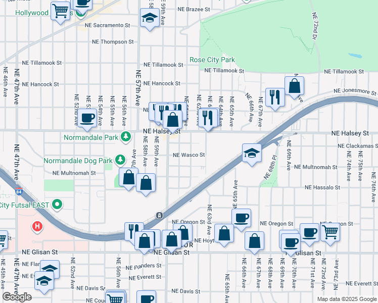 map of restaurants, bars, coffee shops, grocery stores, and more near 6137 Northeast Wasco Street in Portland