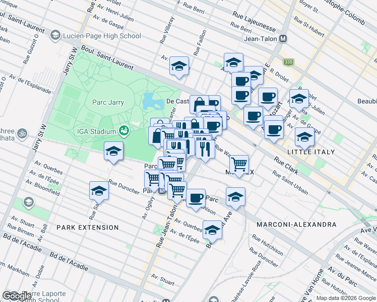 map of restaurants, bars, coffee shops, grocery stores, and more near 7217 Rue Marconi in Montréal