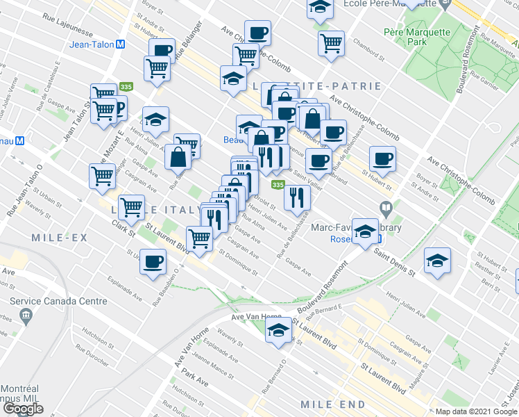 map of restaurants, bars, coffee shops, grocery stores, and more near 6353 Avenue Henri-Julien in Montréal
