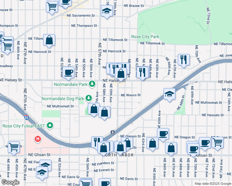 map of restaurants, bars, coffee shops, grocery stores, and more near 1315 Northeast 60th Avenue in Portland