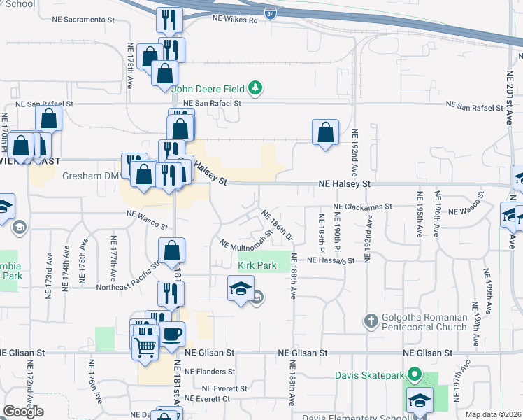map of restaurants, bars, coffee shops, grocery stores, and more near 1362 Northeast 186th Drive in Portland