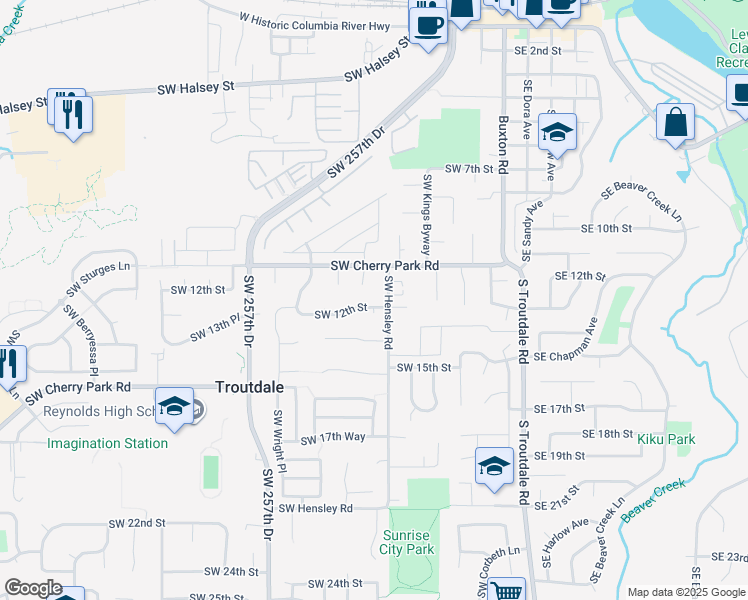 map of restaurants, bars, coffee shops, grocery stores, and more near 675 Southwest 12th Street in Troutdale