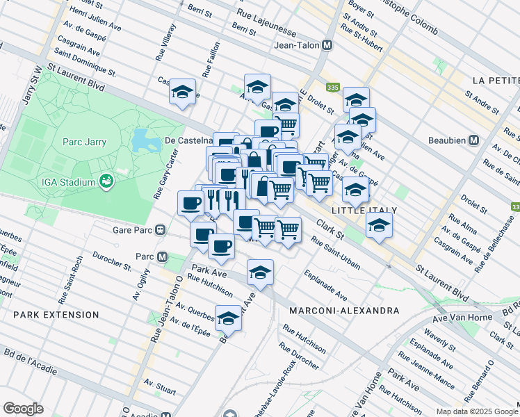 map of restaurants, bars, coffee shops, grocery stores, and more near 7111 Rue Waverly in Montréal
