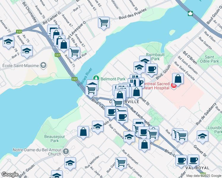 map of restaurants, bars, coffee shops, grocery stores, and more near 12429 Rue Odette Oligny in Montréal