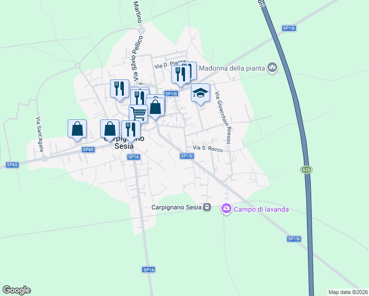 map of restaurants, bars, coffee shops, grocery stores, and more near 20 Via Ugo Foscolo in Carpignano Sesia