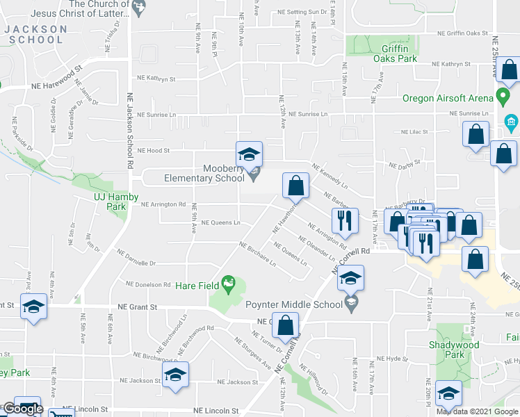 map of restaurants, bars, coffee shops, grocery stores, and more near 1090 Northeast Arrington Road in Hillsboro