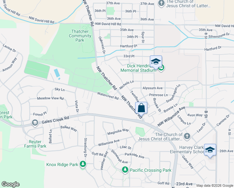 map of restaurants, bars, coffee shops, grocery stores, and more near 1735 Northwest Thatcher Road in Forest Grove