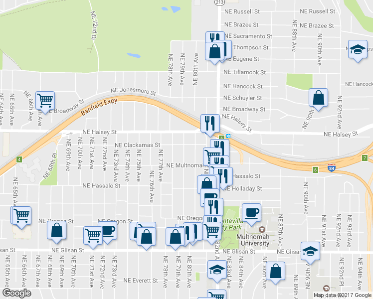 map of restaurants, bars, coffee shops, grocery stores, and more near 1324 Northeast 79th Avenue in Portland