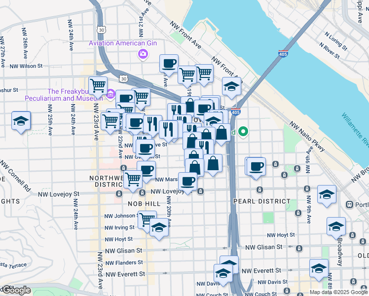map of restaurants, bars, coffee shops, grocery stores, and more near 1323-1327 Northwest 19th Avenue in Portland