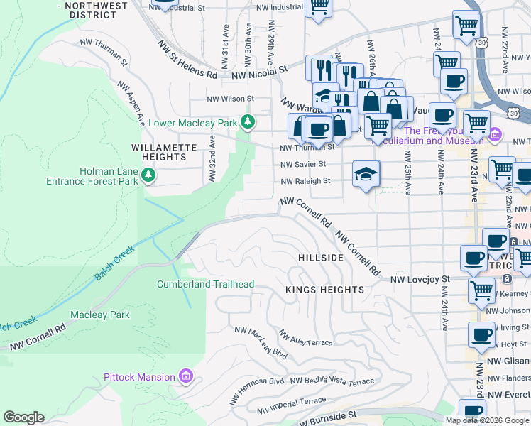 map of restaurants, bars, coffee shops, grocery stores, and more near 2965 Northwest Cornell Road in Portland