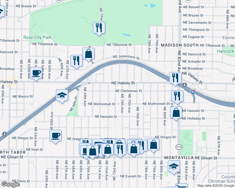 map of restaurants, bars, coffee shops, grocery stores, and more near 1326 Northeast 73rd Avenue in Portland