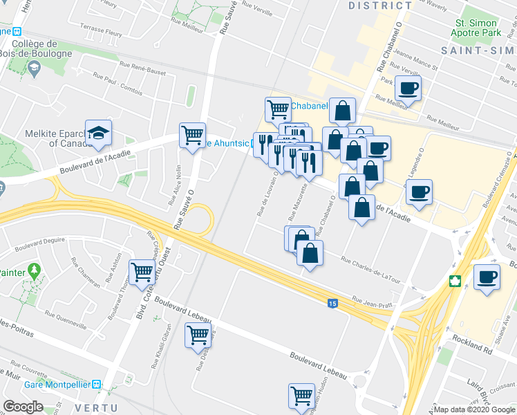 map of restaurants, bars, coffee shops, grocery stores, and more near 1405 Rue de Louvain Ouest in Montréal