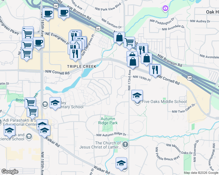 map of restaurants, bars, coffee shops, grocery stores, and more near 17576 Northwest Shorewood Drive in Beaverton