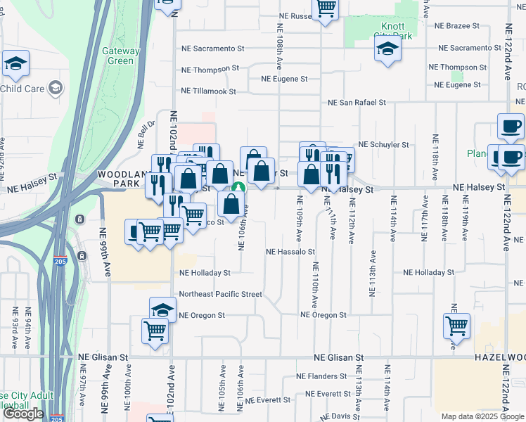map of restaurants, bars, coffee shops, grocery stores, and more near 10728 Northeast Halsey Street in Portland