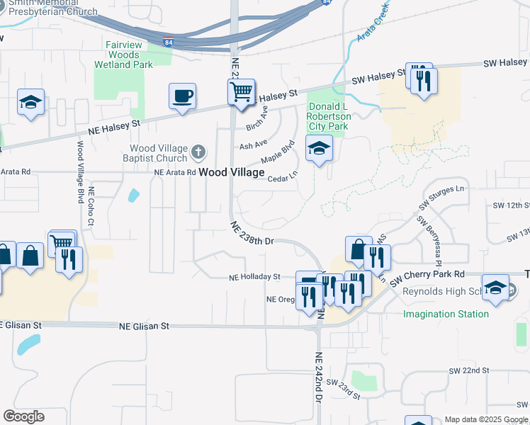 map of restaurants, bars, coffee shops, grocery stores, and more near 23938 Poplar Court in Wood Village