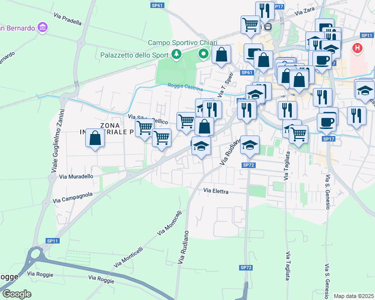 map of restaurants, bars, coffee shops, grocery stores, and more near 9A Via Milano in Chiari