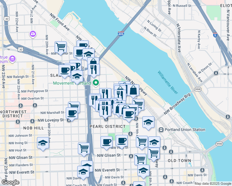 map of restaurants, bars, coffee shops, grocery stores, and more near 1161 Northwest Overton Street in Portland
