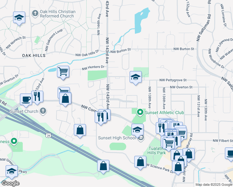 map of restaurants, bars, coffee shops, grocery stores, and more near 1908 Northwest 143rd Avenue in Portland