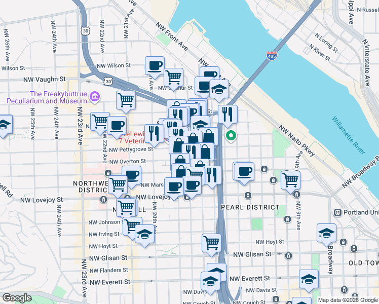 map of restaurants, bars, coffee shops, grocery stores, and more near 1378 Northwest 18th Avenue in Portland
