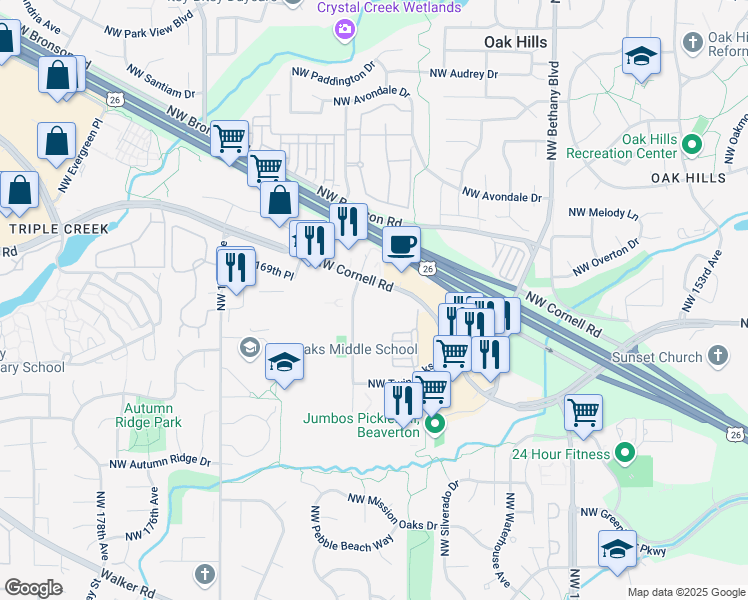 map of restaurants, bars, coffee shops, grocery stores, and more near 1800 Northwest 167th Place in Beaverton