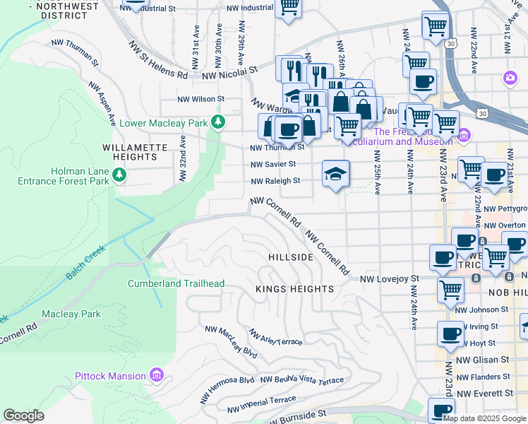 map of restaurants, bars, coffee shops, grocery stores, and more near 2877 Northwest Westover Road in Portland