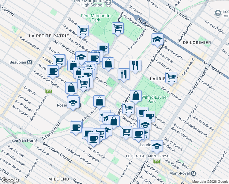 map of restaurants, bars, coffee shops, grocery stores, and more near Rue de Mentana in Montréal