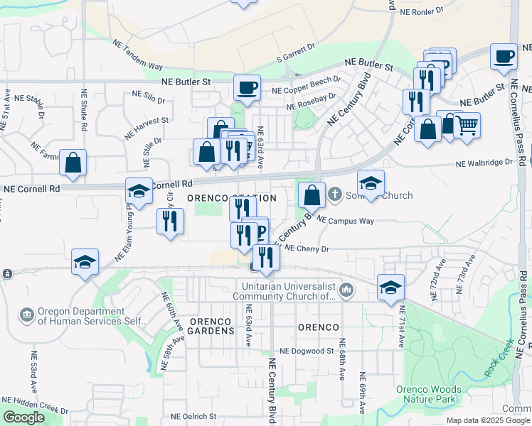 map of restaurants, bars, coffee shops, grocery stores, and more near 1170 Northeast 64th Lane in Hillsboro