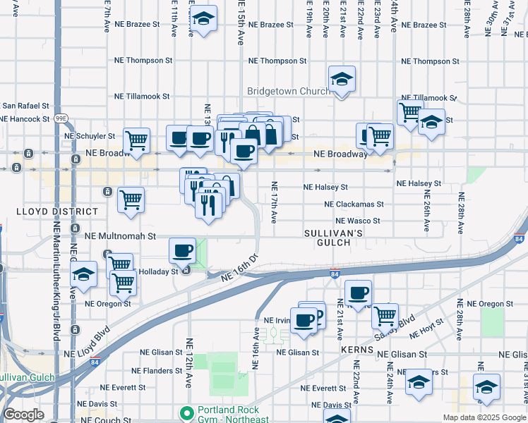 map of restaurants, bars, coffee shops, grocery stores, and more near 1300 Northeast 16th Avenue in Portland