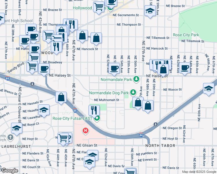 map of restaurants, bars, coffee shops, grocery stores, and more near 1314 Northeast 52nd Avenue in Portland