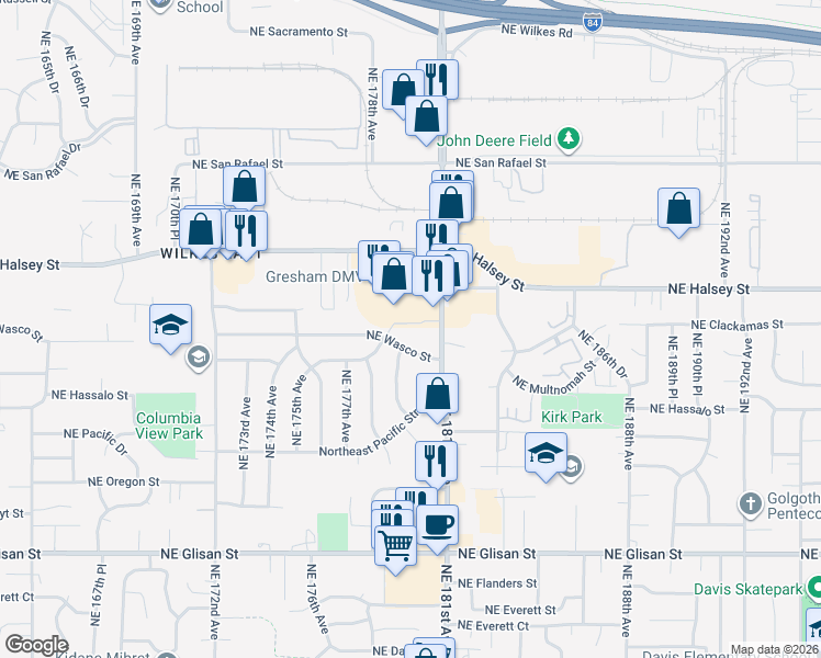 map of restaurants, bars, coffee shops, grocery stores, and more near 17838 Northeast Multnomah Street in Portland