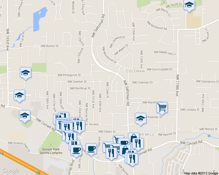map of restaurants, bars, coffee shops, grocery stores, and more near 1754 Northwest 129th Place in Portland