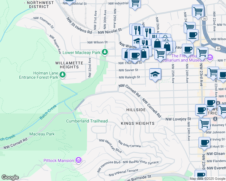 map of restaurants, bars, coffee shops, grocery stores, and more near 2939 Northwest Cornell Road in Portland