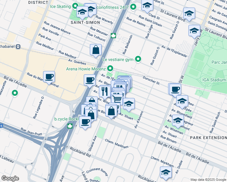 map of restaurants, bars, coffee shops, grocery stores, and more near 8565 Avenue Champagneur in Montréal