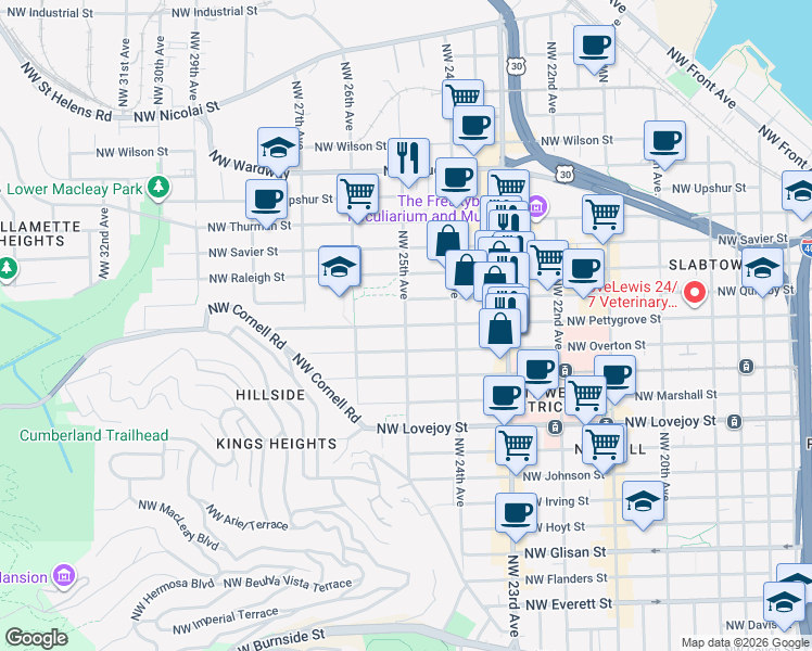 map of restaurants, bars, coffee shops, grocery stores, and more near Northwest Pettygrove Street in Portland