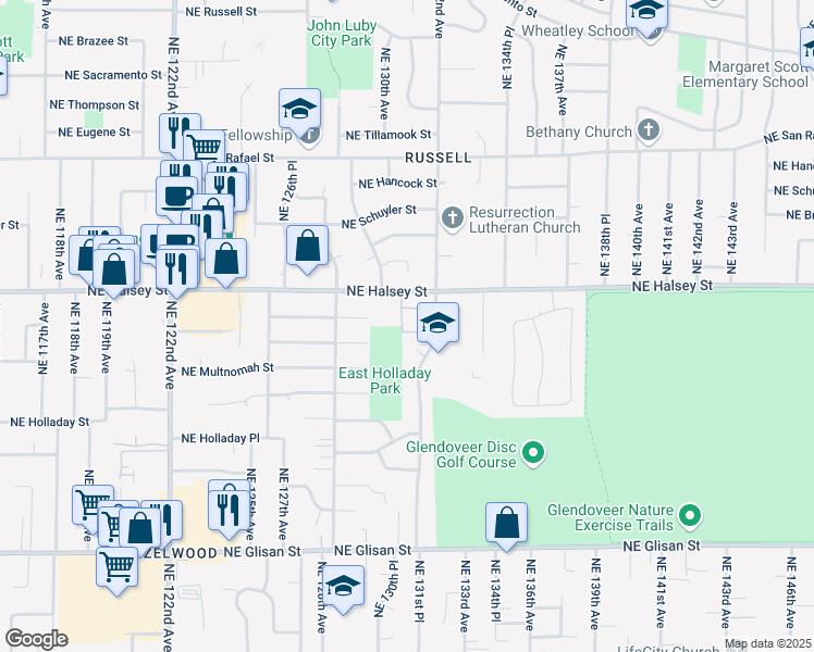 map of restaurants, bars, coffee shops, grocery stores, and more near 112 Northeast 131st Avenue in Portland