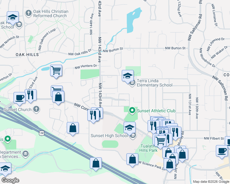 map of restaurants, bars, coffee shops, grocery stores, and more near 1914 Northwest 143rd Avenue in Portland