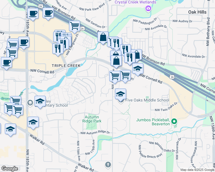 map of restaurants, bars, coffee shops, grocery stores, and more near 1785 Northwest 173rd Avenue in Beaverton