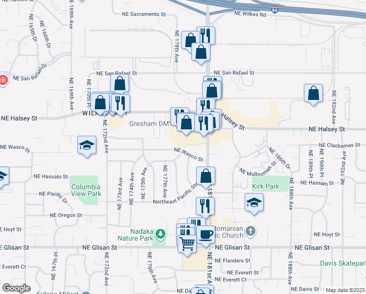 map of restaurants, bars, coffee shops, grocery stores, and more near 17838 Northeast Multnomah Street in Portland