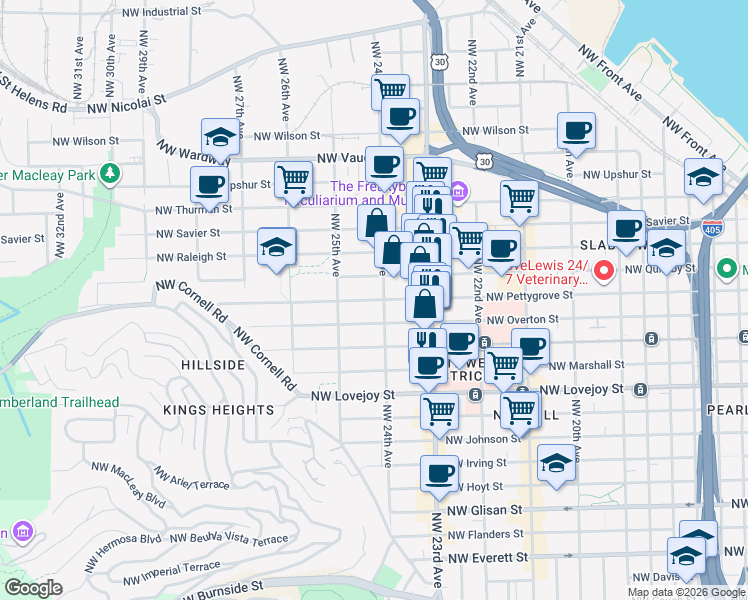 map of restaurants, bars, coffee shops, grocery stores, and more near 2420 Northwest Pettygrove Street in Portland