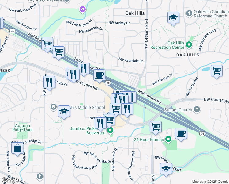 map of restaurants, bars, coffee shops, grocery stores, and more near NW Cornell Dr in Beaverton