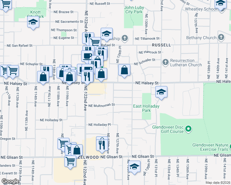 map of restaurants, bars, coffee shops, grocery stores, and more near 1320 Northeast 126th Avenue in Portland