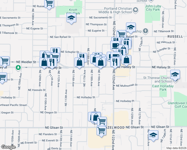 map of restaurants, bars, coffee shops, grocery stores, and more near 1334 Northeast 118th Avenue in Portland