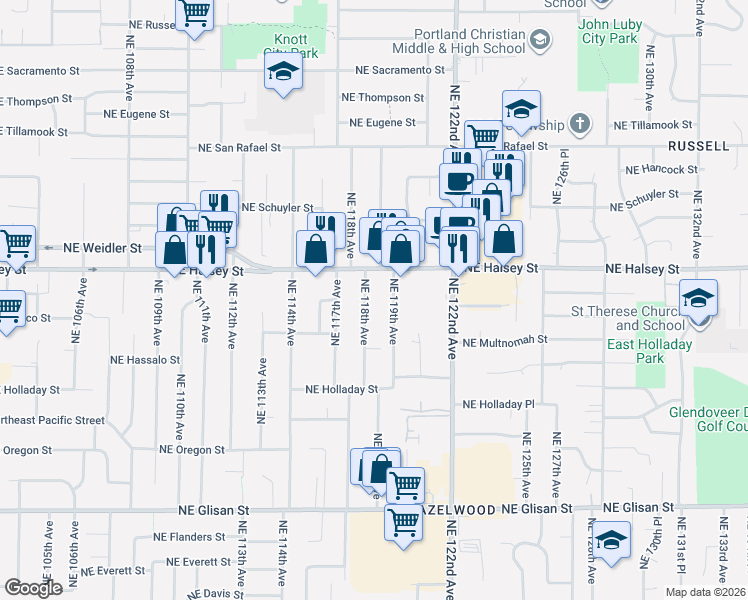 map of restaurants, bars, coffee shops, grocery stores, and more near 1334 Northeast 118th Avenue in Portland