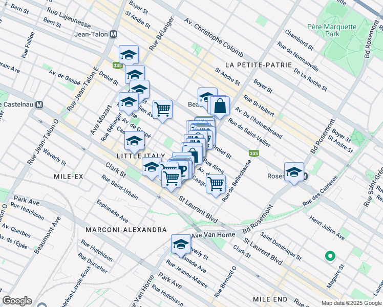 map of restaurants, bars, coffee shops, grocery stores, and more near 6520 Rue Alma in Montreal