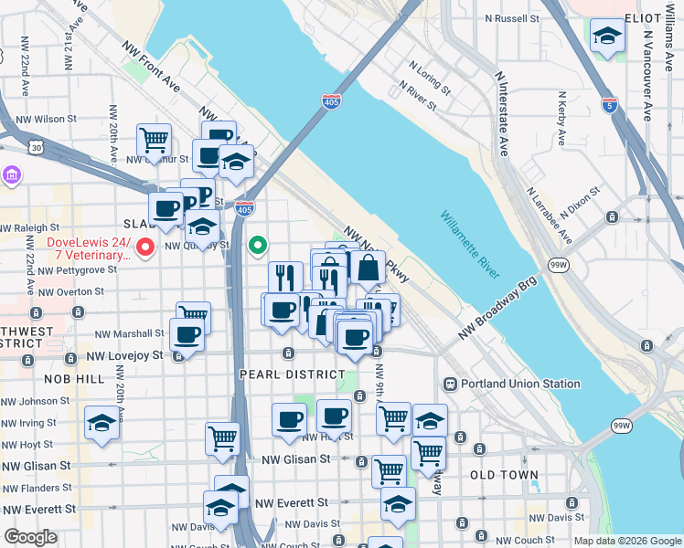 map of restaurants, bars, coffee shops, grocery stores, and more near 1030 Northwest 12th Avenue in Portland