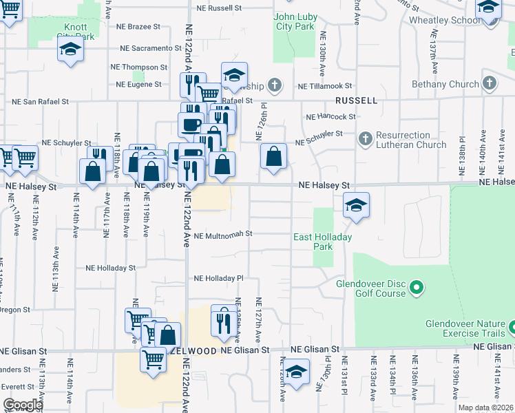 map of restaurants, bars, coffee shops, grocery stores, and more near 1320 Northeast 126th Avenue in Portland