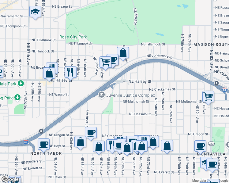 map of restaurants, bars, coffee shops, grocery stores, and more near 1321 Northeast 69th Avenue in Portland