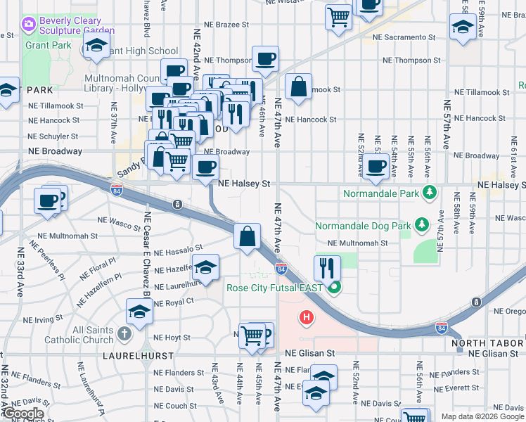 map of restaurants, bars, coffee shops, grocery stores, and more near 1332 Northeast 46th Avenue in Portland