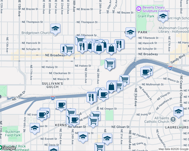 map of restaurants, bars, coffee shops, grocery stores, and more near 1327 Northeast 28th Avenue in Portland